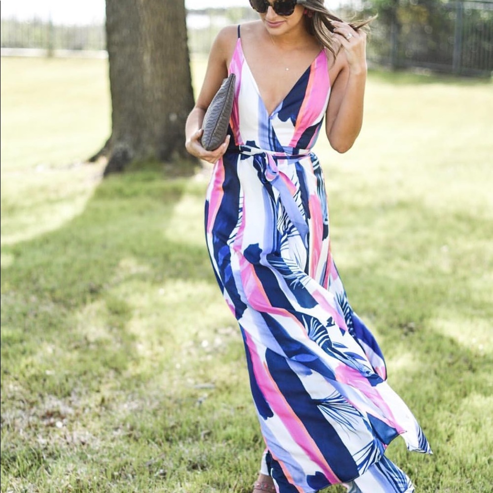 Anthropologie Pink White Silk Wrap Maxi Dress